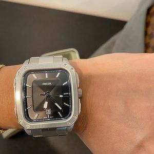 Fossil Inscription Mens Watch Quartz Square Case Steel band